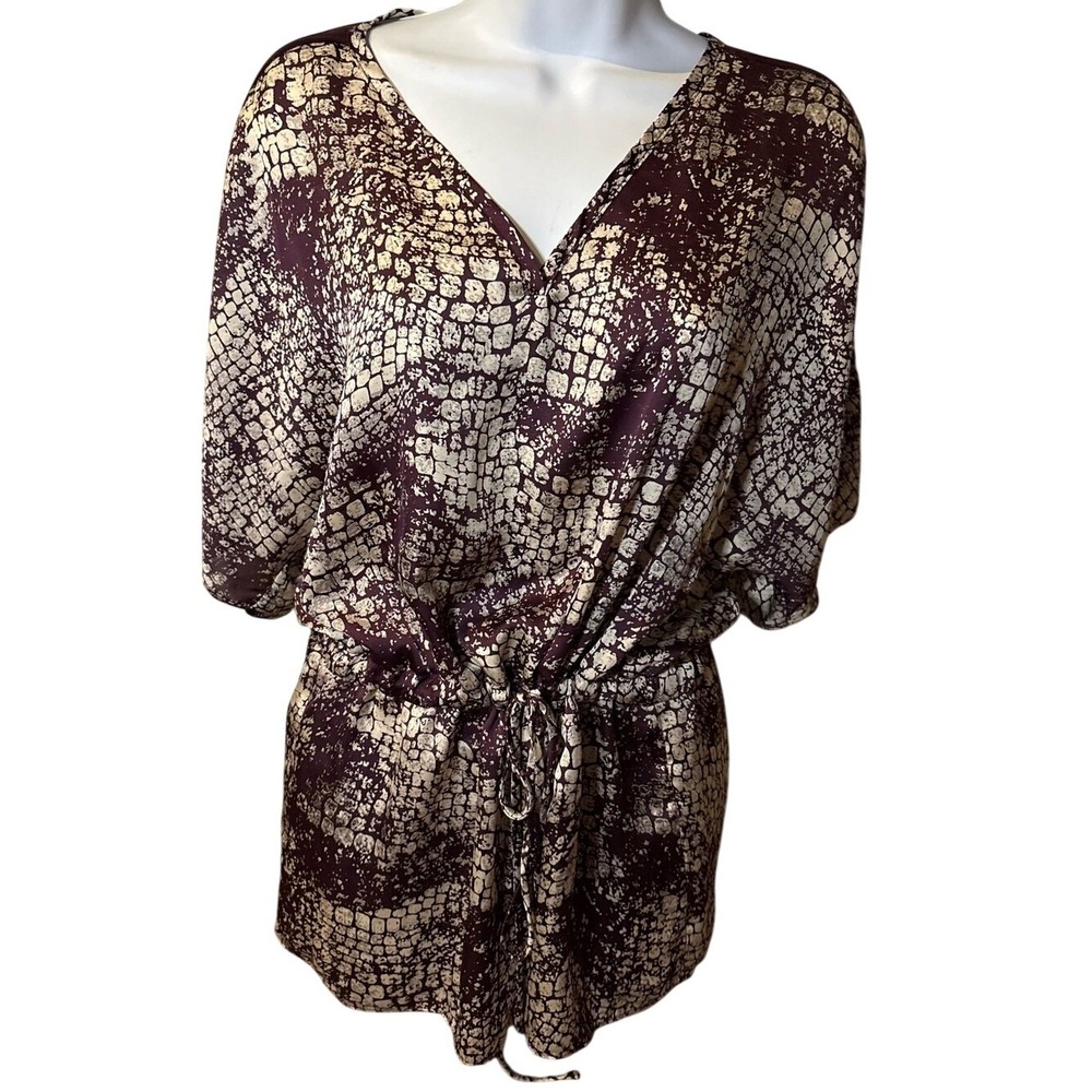 Collective Concepts V-Neck Drawstring Tunic Top in Cream and Plum